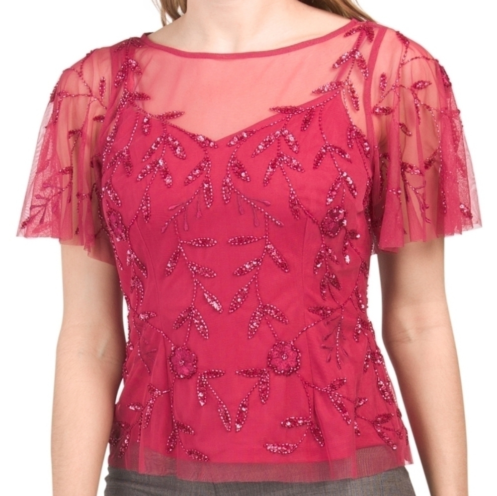 𝅺Adrianna Papell Beaded Flutter Sleeve Top